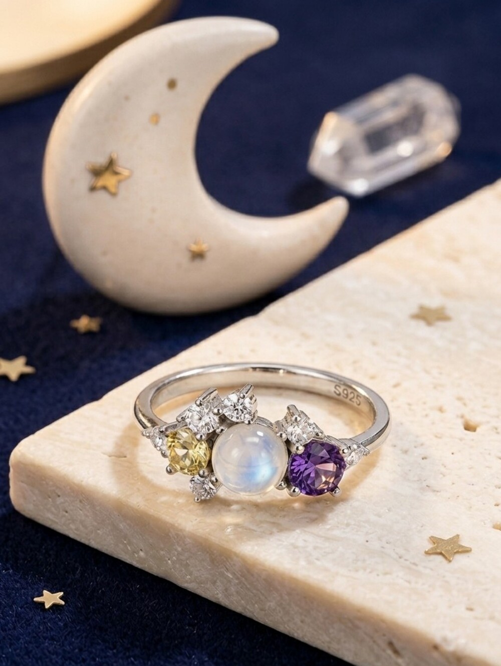 925 Sterling Silver Genuine Moonstone Celestial Multi Stone Cluster Ring Size 7